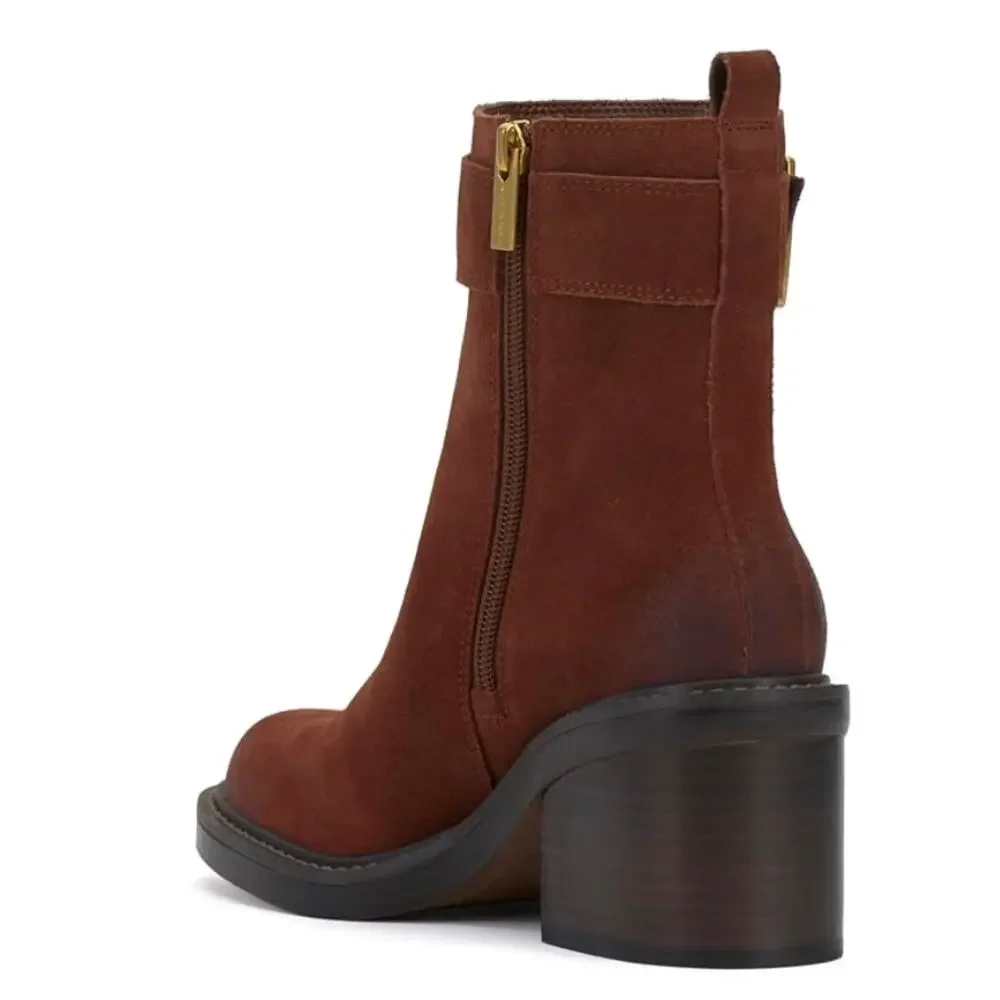 Vince Camuto Bembonie Suede Stacked Heel Bootie Buckle Ankle Boot | Sz 8, Brown - Picture 6 of 7